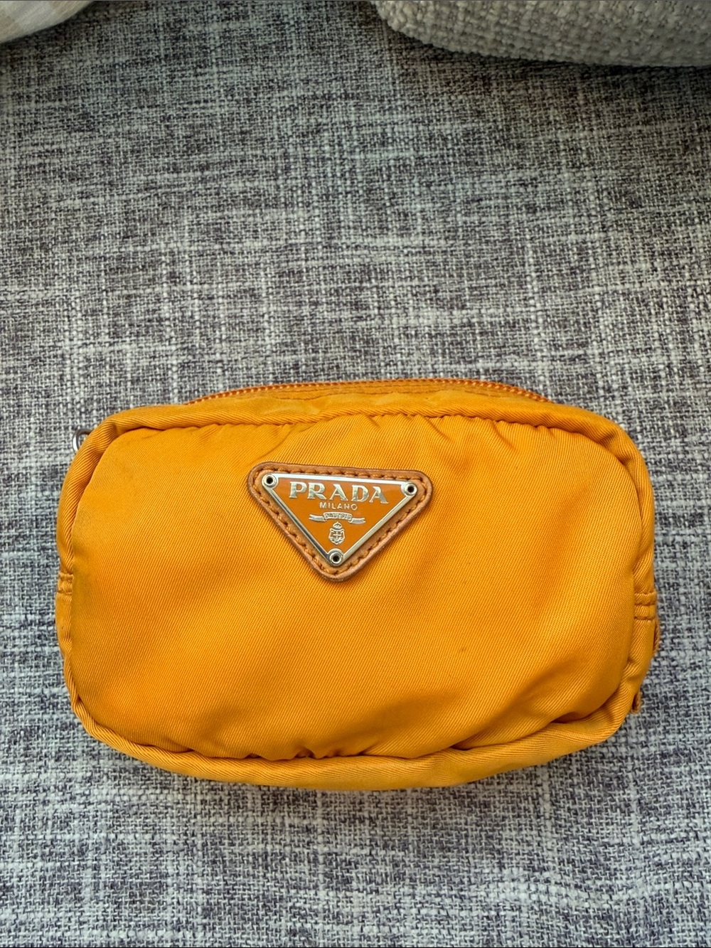 Prada Orange/ Yellow Nylon Triangle Logo Small Toiletry Pouch